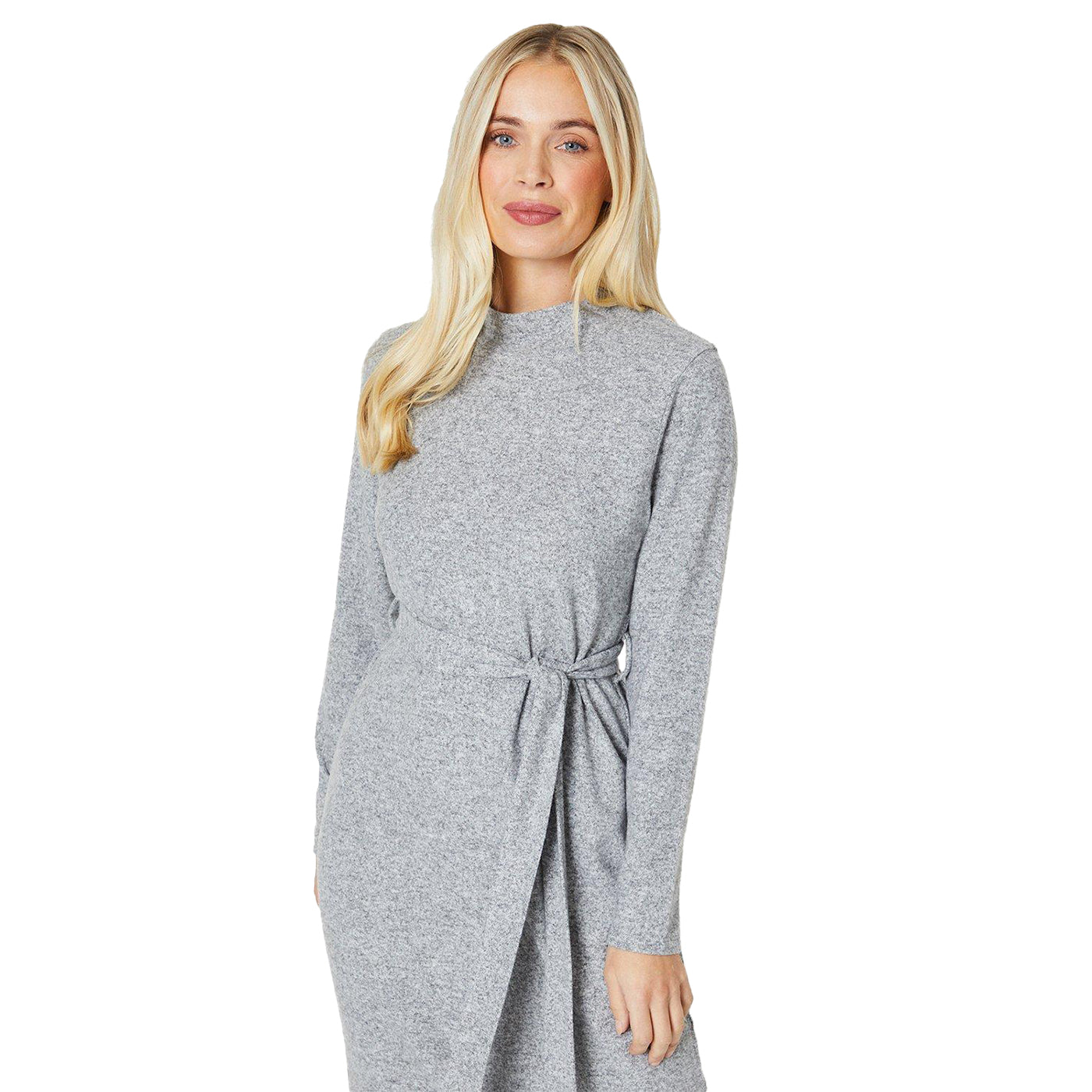 Grey Marl - Side - Dorothy Perkins Womens-Ladies Brushed Waist Tie Petite Midi Dress