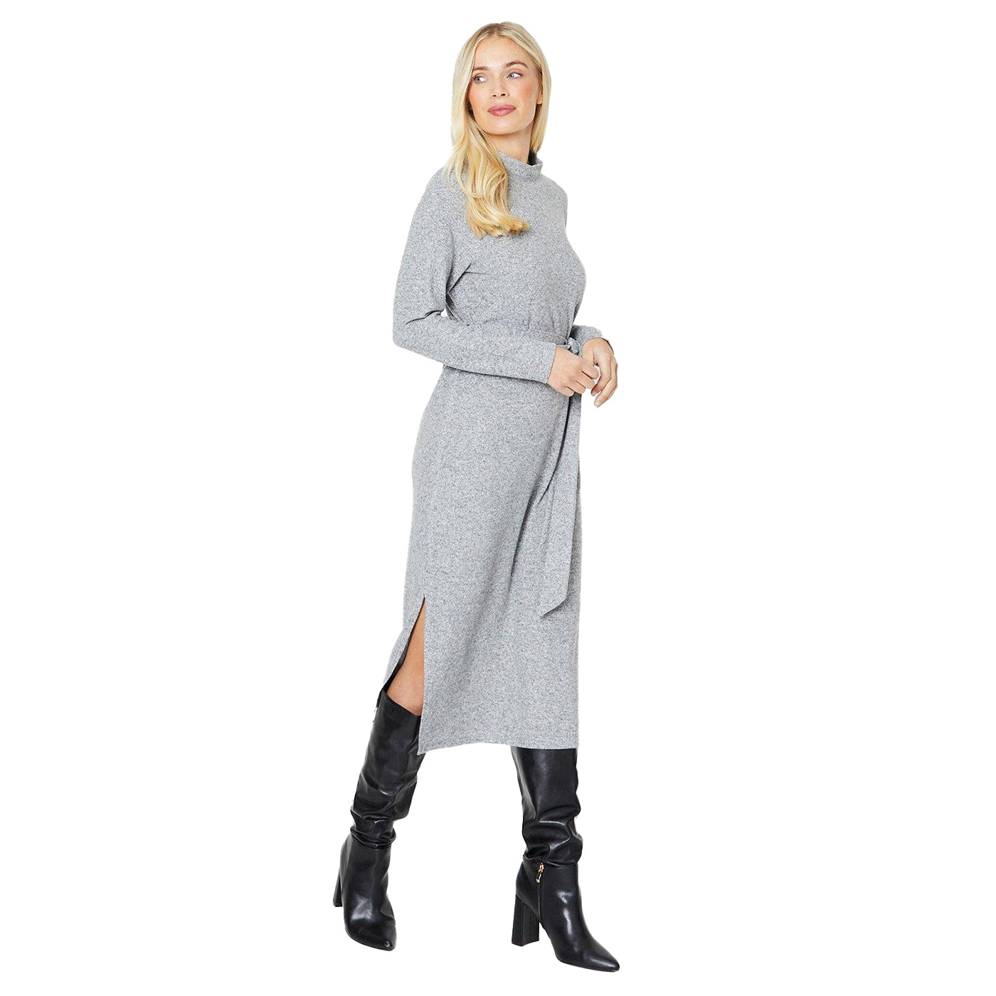 Grey Marl - Front - Dorothy Perkins Womens-Ladies Brushed Waist Tie Petite Midi Dress