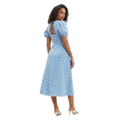Blue - Back - Dorothy Perkins Womens-Ladies Floral Textured Tie Back Midi Dress