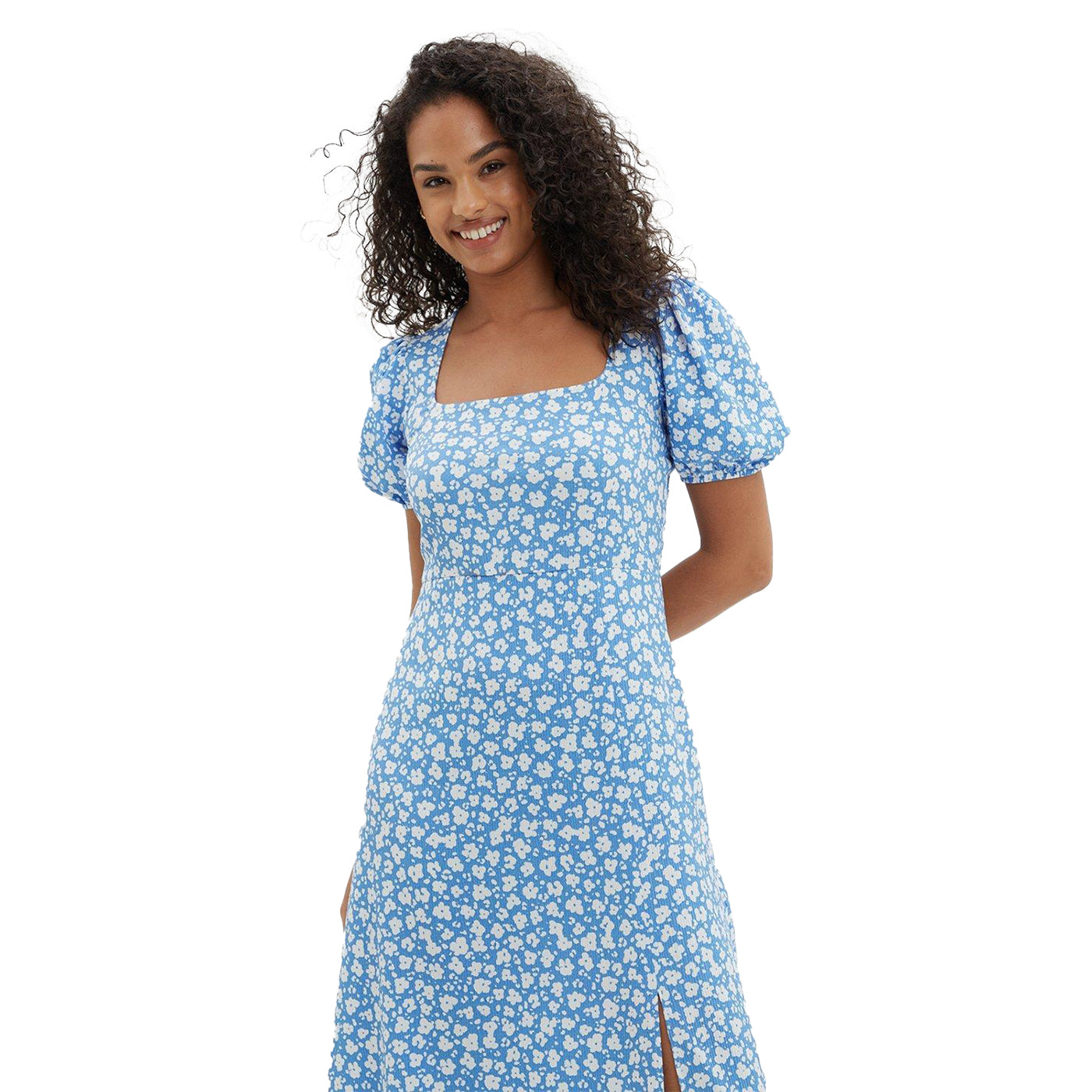 Blue - Side - Dorothy Perkins Womens-Ladies Floral Textured Tie Back Midi Dress