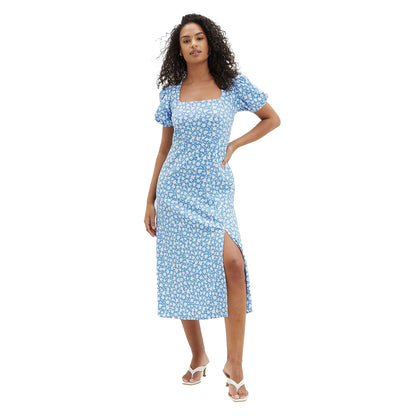 Blue - Front - Dorothy Perkins Womens-Ladies Floral Textured Tie Back Midi Dress