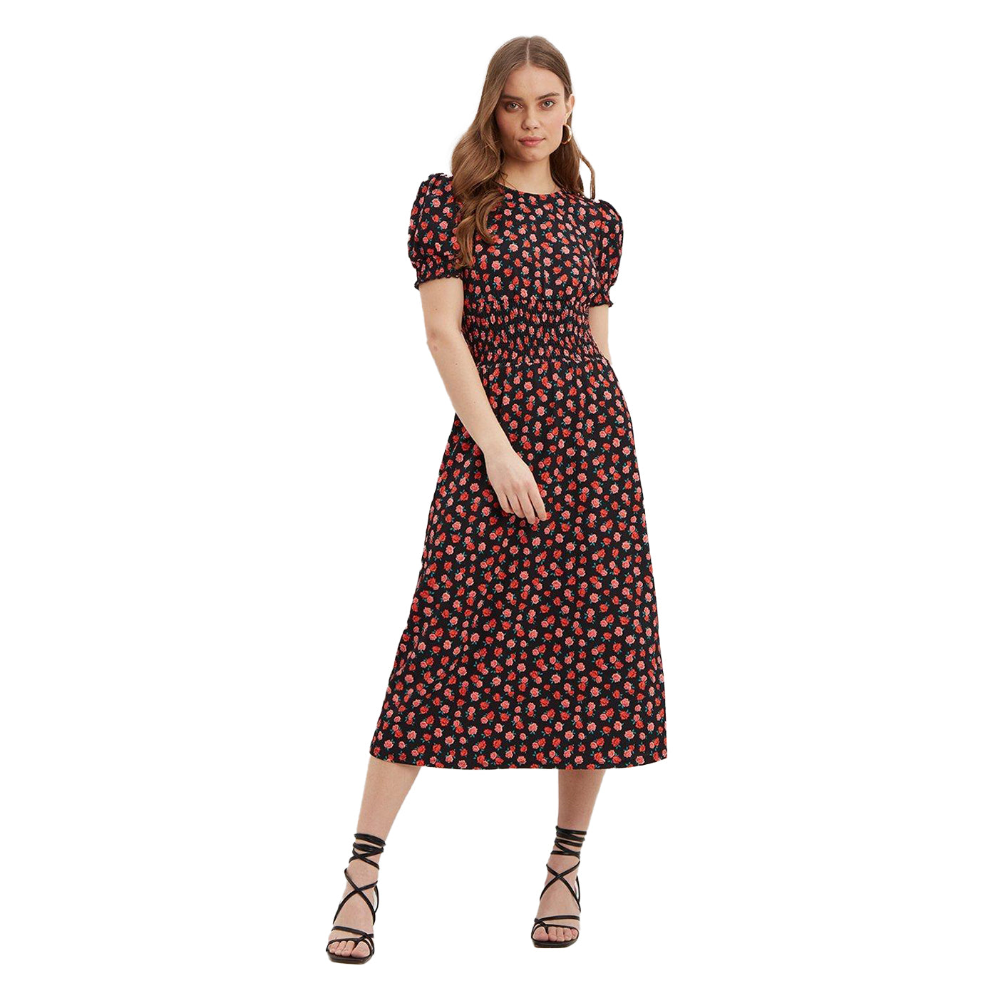 Black - Front - Dorothy Perkins Womens-Ladies Rose Textured Shirred Waist Midi Dress