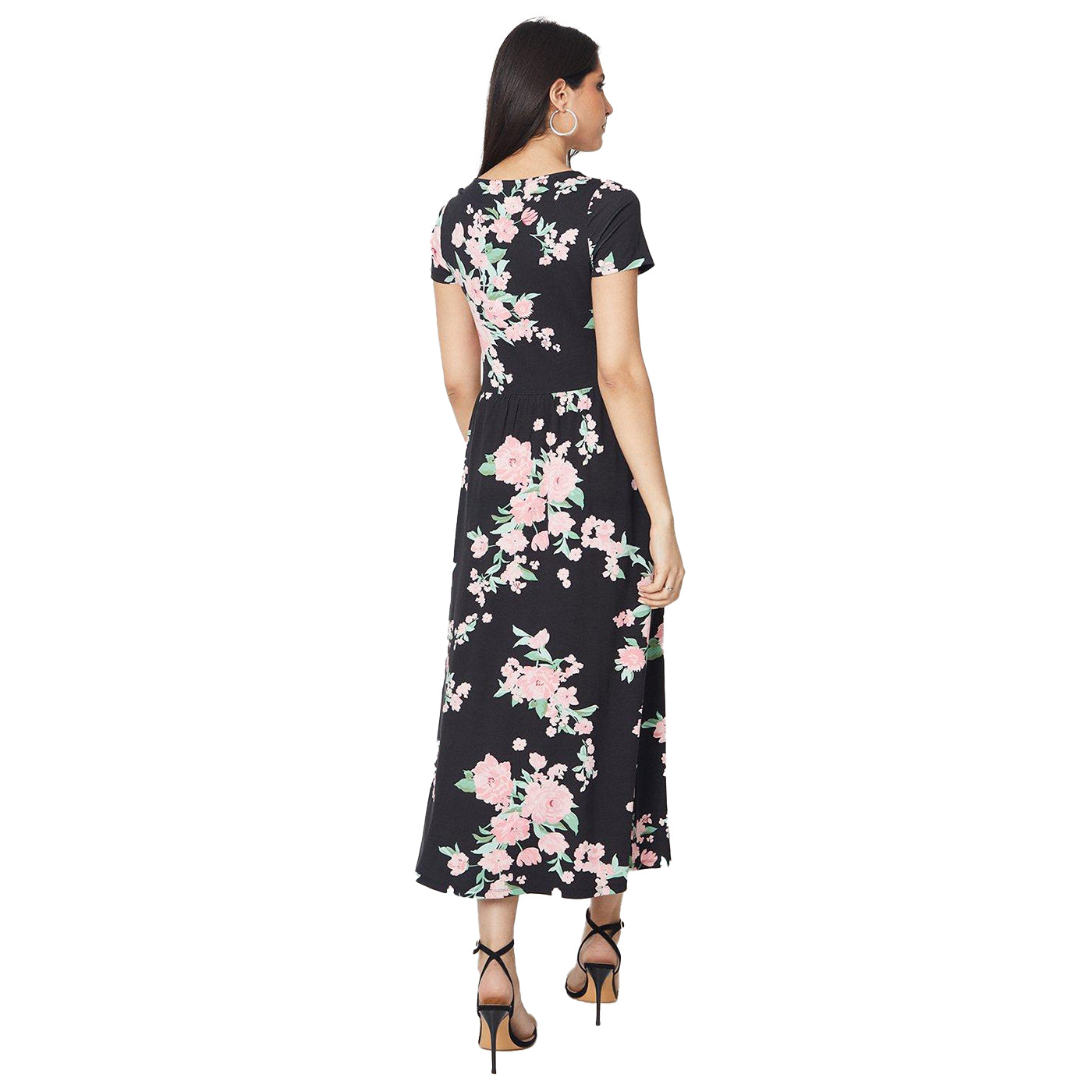 Black-Light Pink-Seafoam Green - Back - Dorothy Perkins Womens-Ladies Floral Square Neck Short-Sleeved Midi Dress