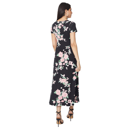 Black-Light Pink-Seafoam Green - Back - Dorothy Perkins Womens-Ladies Floral Square Neck Short-Sleeved Midi Dress