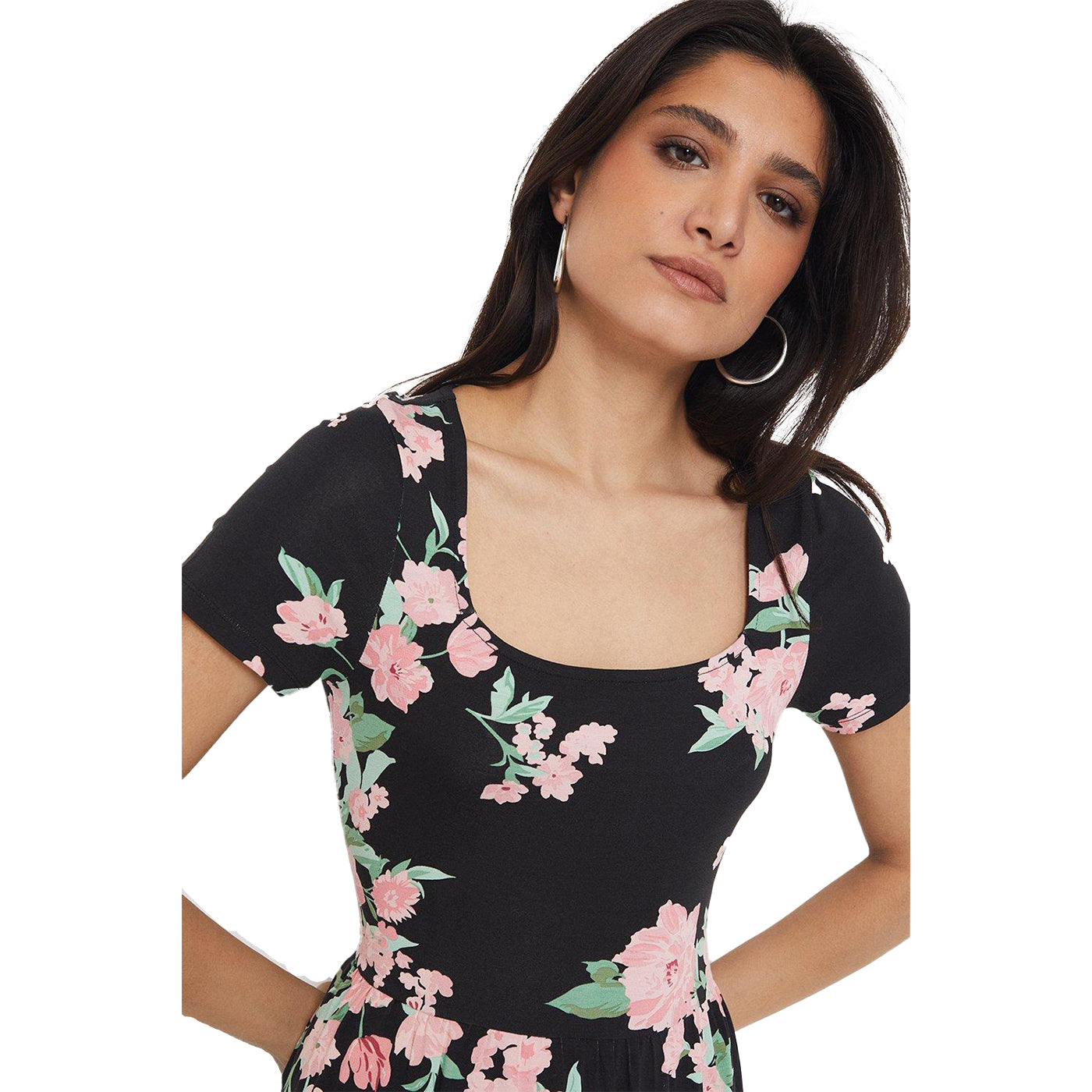 Black-Light Pink-Seafoam Green - Side - Dorothy Perkins Womens-Ladies Floral Square Neck Short-Sleeved Midi Dress
