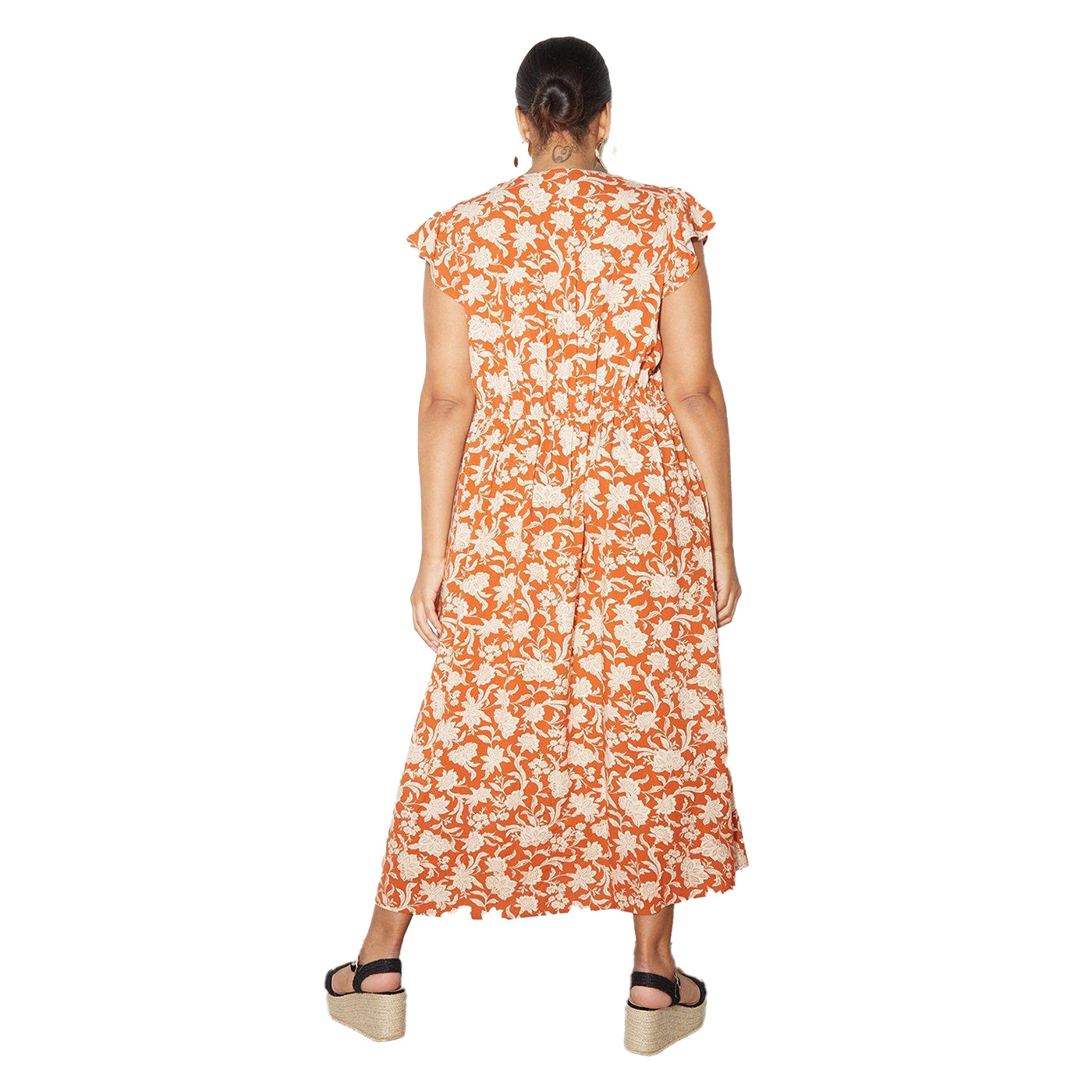 Rust - Back - Dorothy Perkins Womens-Ladies Floral Button Detail Plus Ruffle Midi Dress
