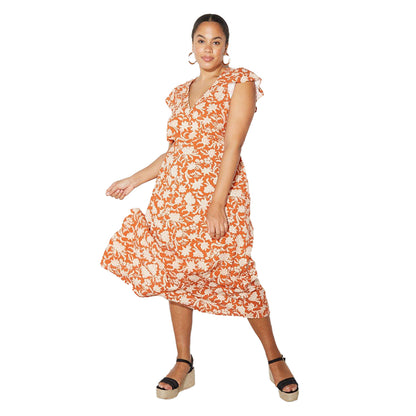 Rust - Front - Dorothy Perkins Womens-Ladies Floral Button Detail Plus Ruffle Midi Dress
