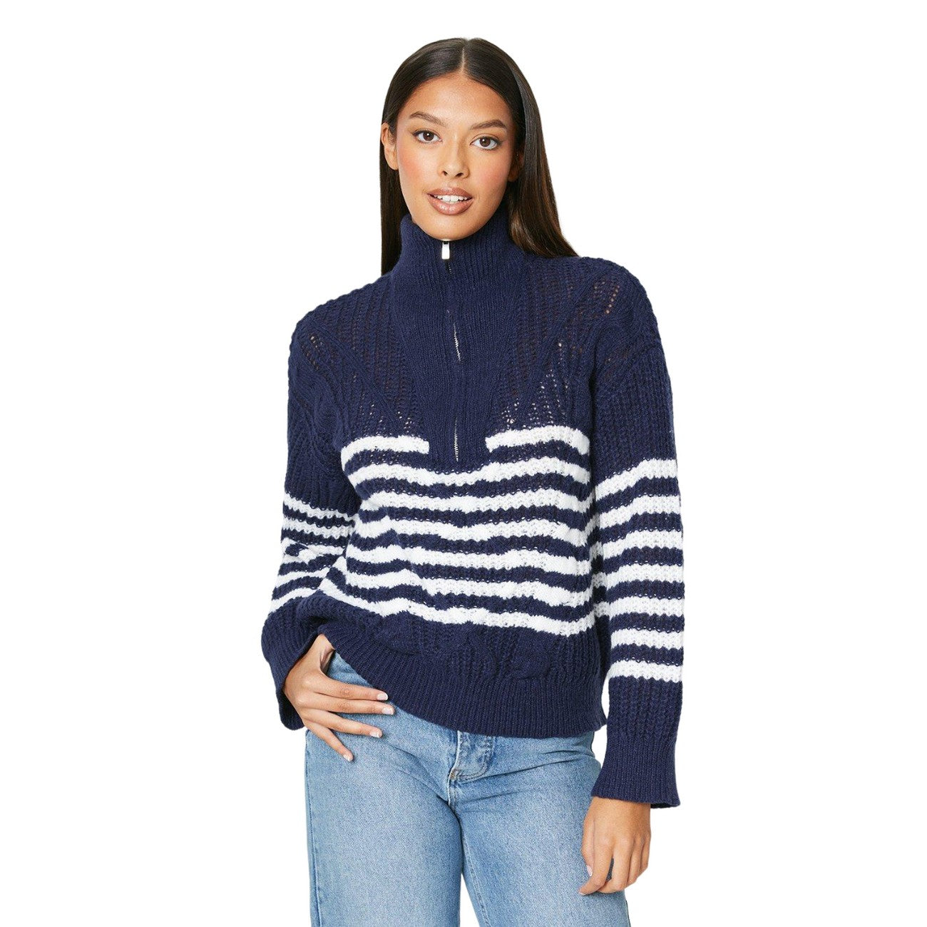 Blue-White - Front - Dorothy Perkins Womens-Ladies Stripe Cable Knit Half Zip Jumper