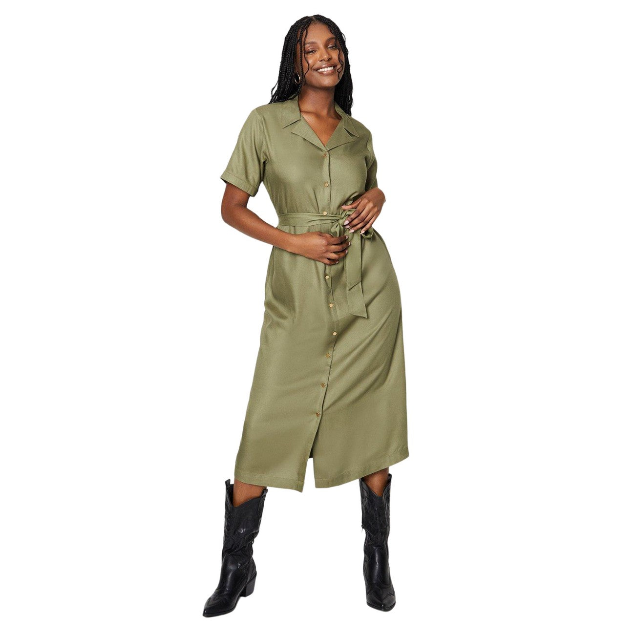 Khaki - Front - Dorothy Perkins Womens-Ladies Plain Midi Shirt Dress