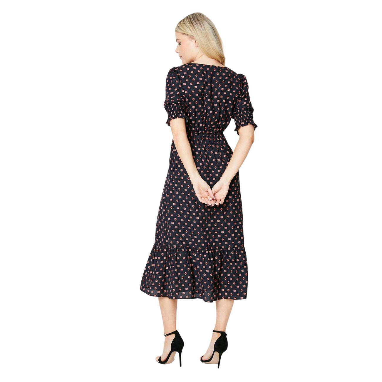 Black - Back - Dorothy Perkins Womens-Ladies Ditsy Print Shirred Short-Sleeved Midi Dress