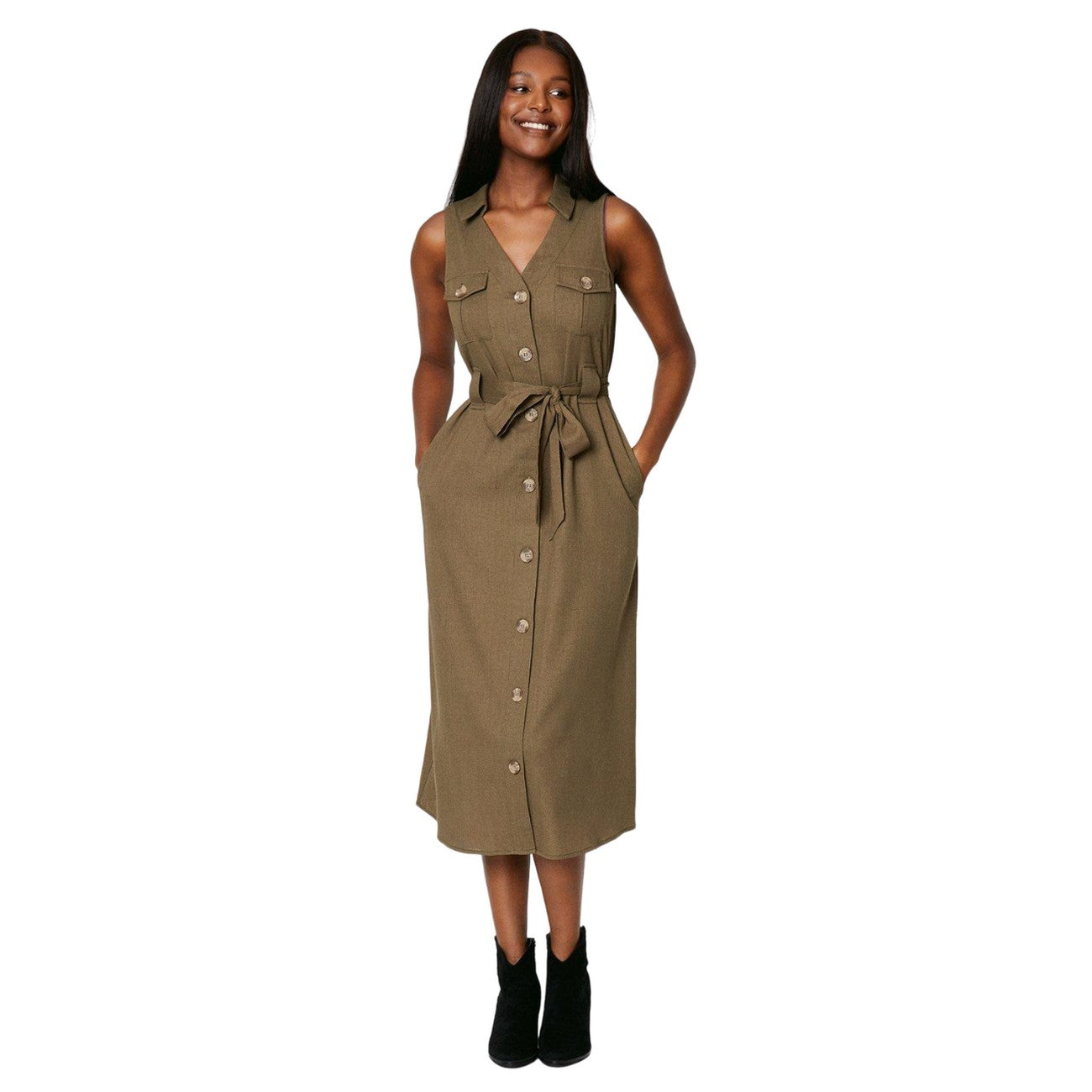 Khaki Green - Front - Dorothy Perkins Womens-Ladies Utility Sleeveless Midi Dress