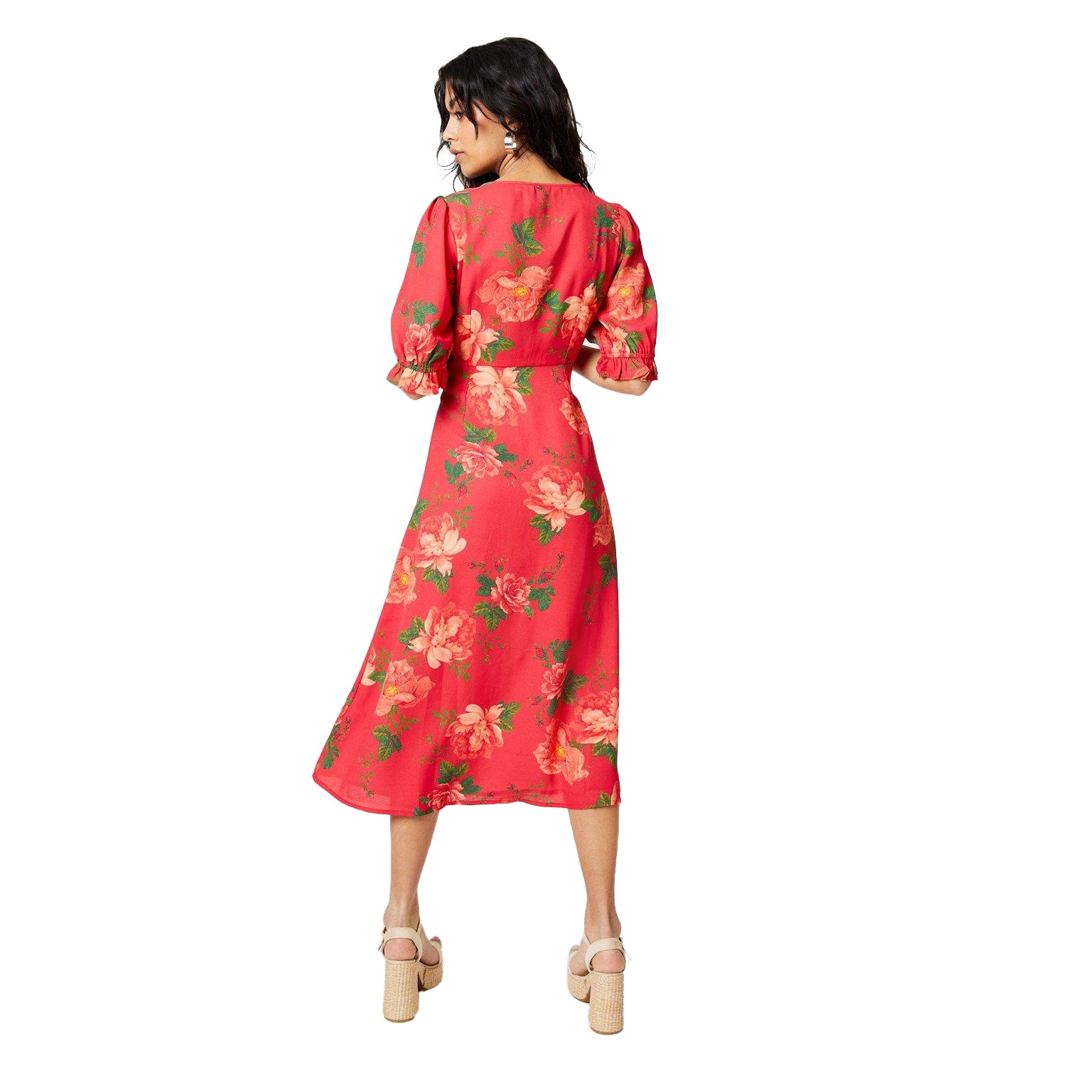 Red - Back - Dorothy Perkins Womens-Ladies Floral Button Through Petite Midi Dress