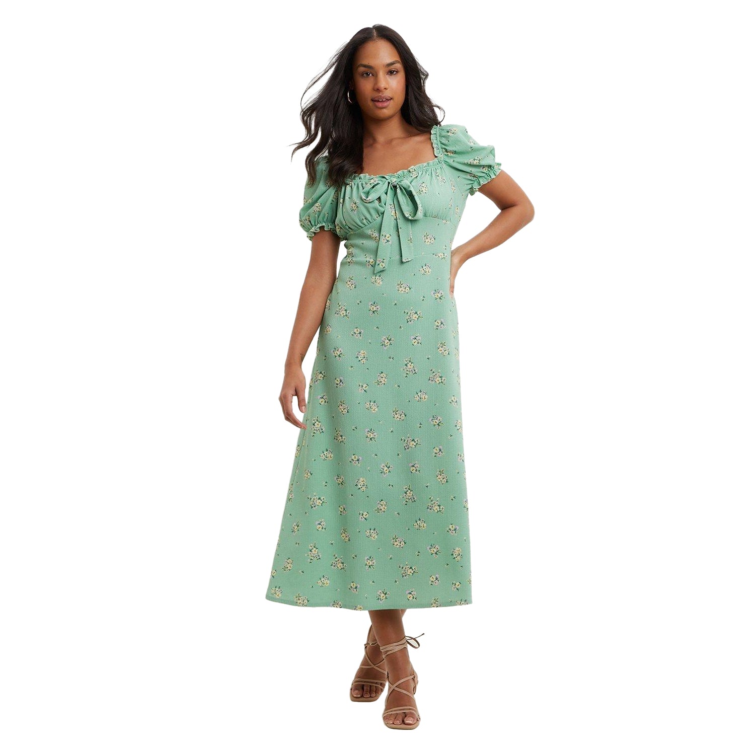 Sage - Front - Dorothy Perkins Womens-Ladies Floral Textured Bow Midi Dress