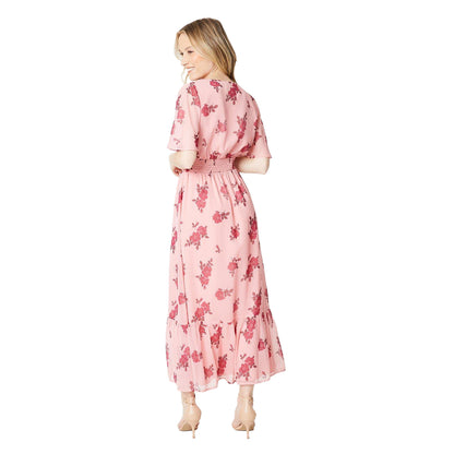 Pink - Back - Dorothy Perkins Womens-Ladies Floral Chiffon Shirred Waist Midi Dress