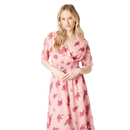Pink - Side - Dorothy Perkins Womens-Ladies Floral Chiffon Shirred Waist Midi Dress