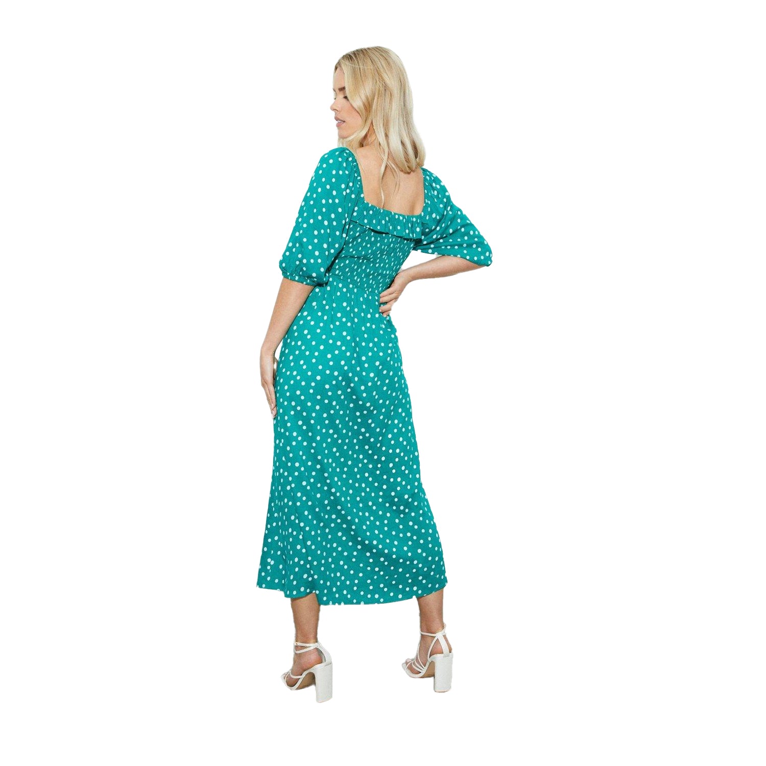 Green - Back - Dorothy Perkins Womens-Ladies Spotted Shirred Petite Midi Dress