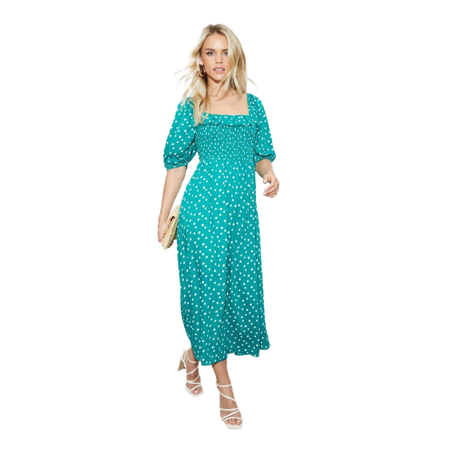 Green - Side - Dorothy Perkins Womens-Ladies Spotted Shirred Petite Midi Dress