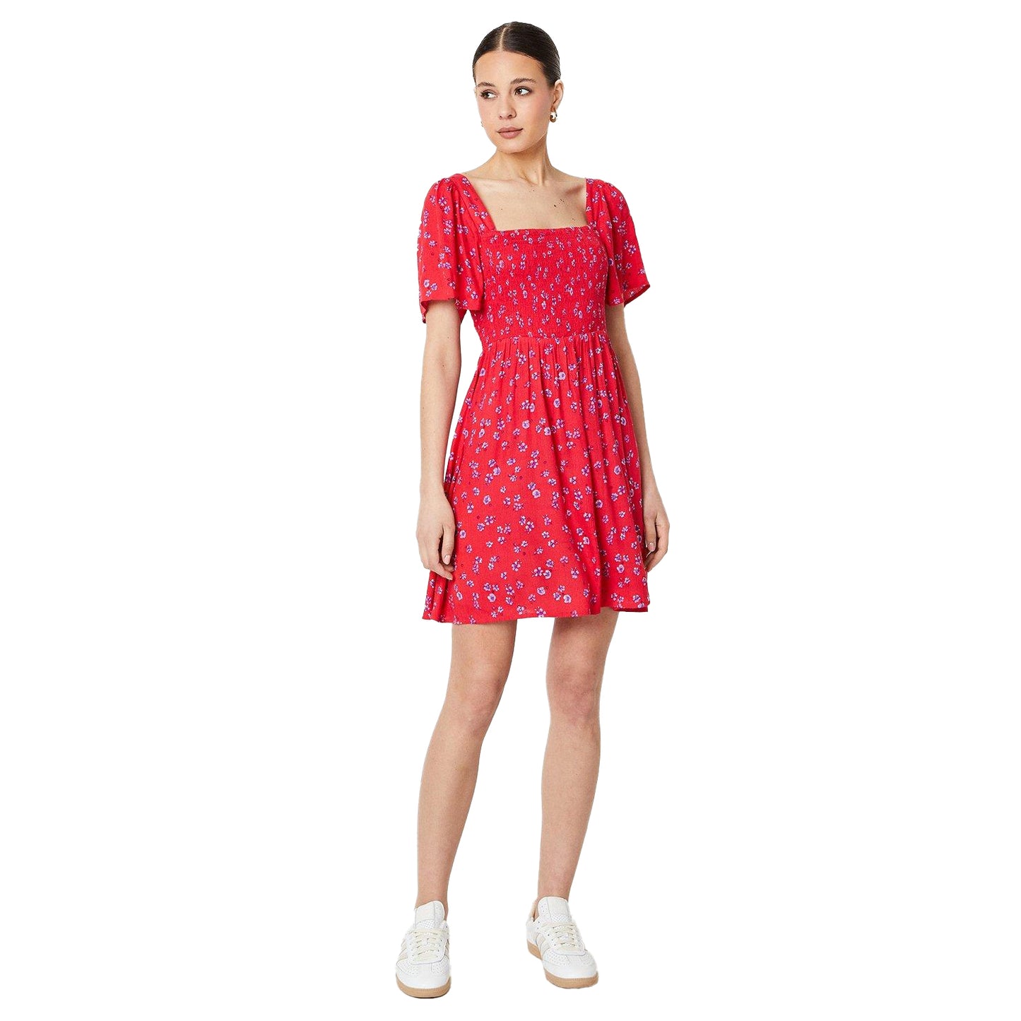 Pink - Side - Dorothy Perkins Womens-Ladies Ditsy Print Shirred Flutter Mini Dress