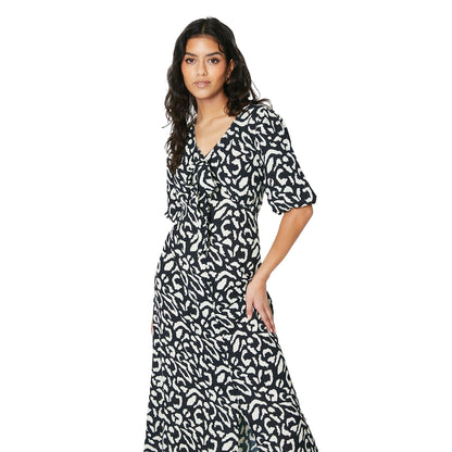 Black-White - Side - Dorothy Perkins Womens-Ladies Animal Print Front Tie Petite Midi Dress
