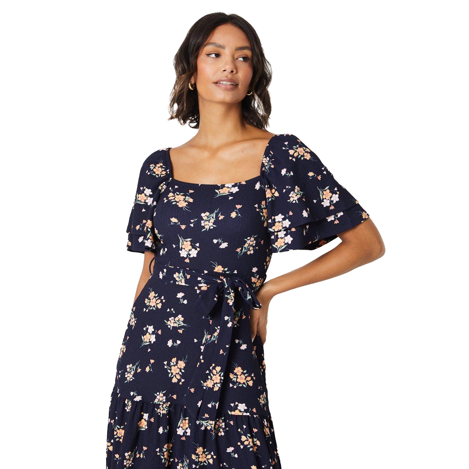 Navy - Side - Dorothy Perkins Womens-Ladies Ditsy Print Flutter Midi Dress