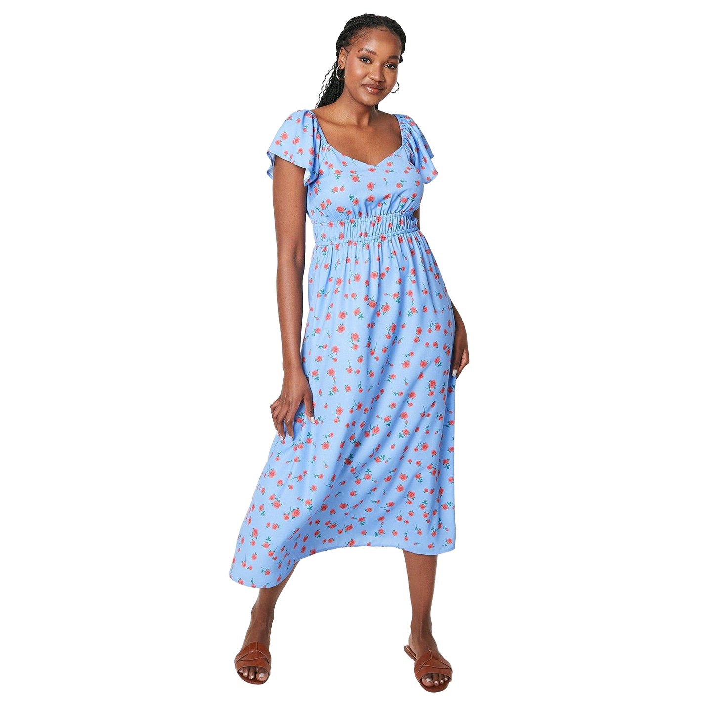 Blue - Front - Dorothy Perkins Womens-Ladies Ditsy Print Scoop Neck Flutter Midi Dress