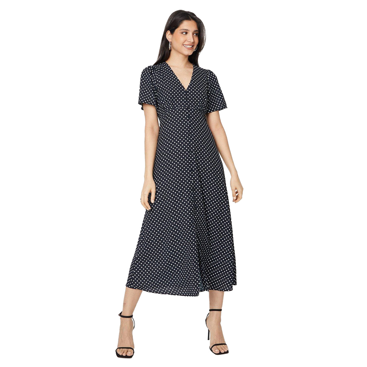 Black - Front - Dorothy Perkins Womens-Ladies Spotted Button Through Flutter Midi Dress