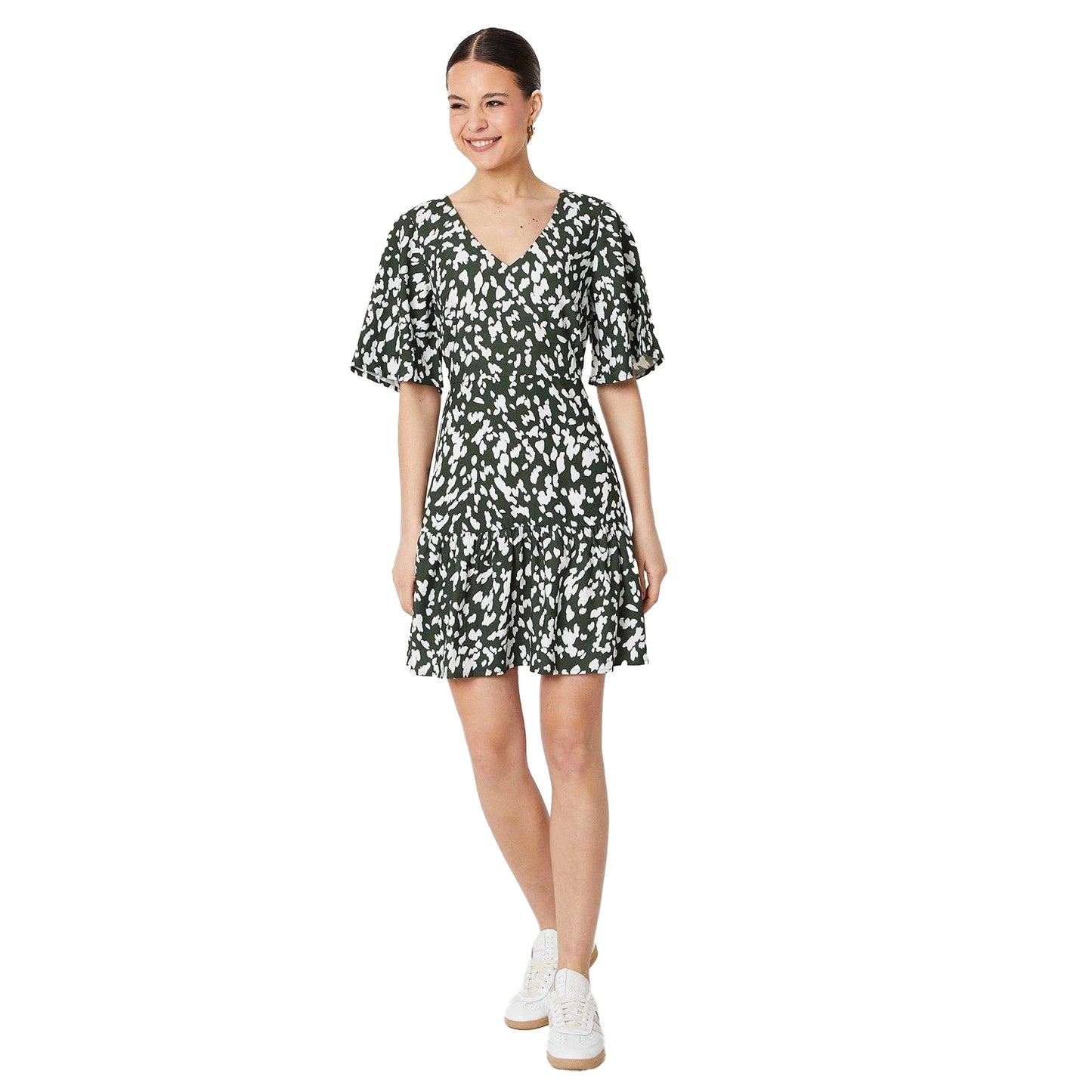 Khaki Green-White - Side - Dorothy Perkins Womens-Ladies Abstract Tiered Frill Mini Dress