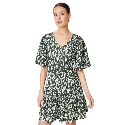 Khaki Green-White - Front - Dorothy Perkins Womens-Ladies Abstract Tiered Frill Mini Dress