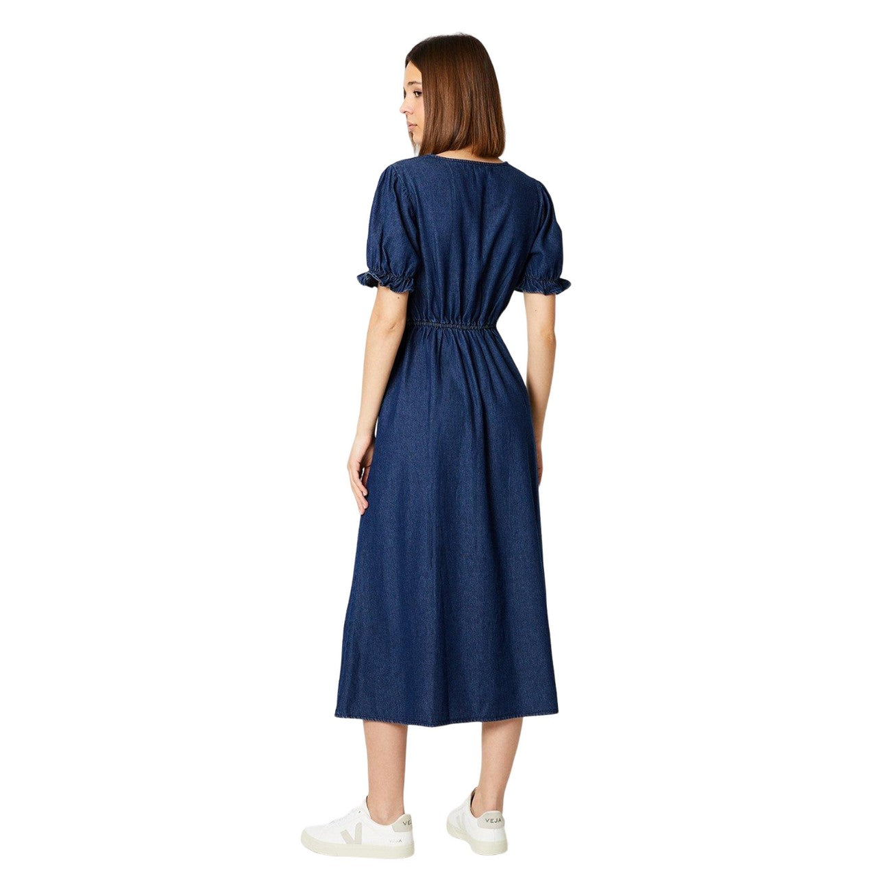 Dark Wash - Back - Dorothy Perkins Womens-Ladies Denim V Neck Puff Sleeve Midi Dress