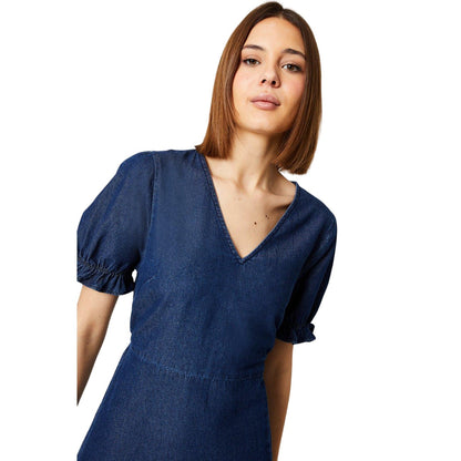 Dark Wash - Side - Dorothy Perkins Womens-Ladies Denim V Neck Puff Sleeve Midi Dress