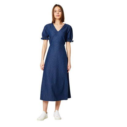 Dark Wash - Front - Dorothy Perkins Womens-Ladies Denim V Neck Puff Sleeve Midi Dress