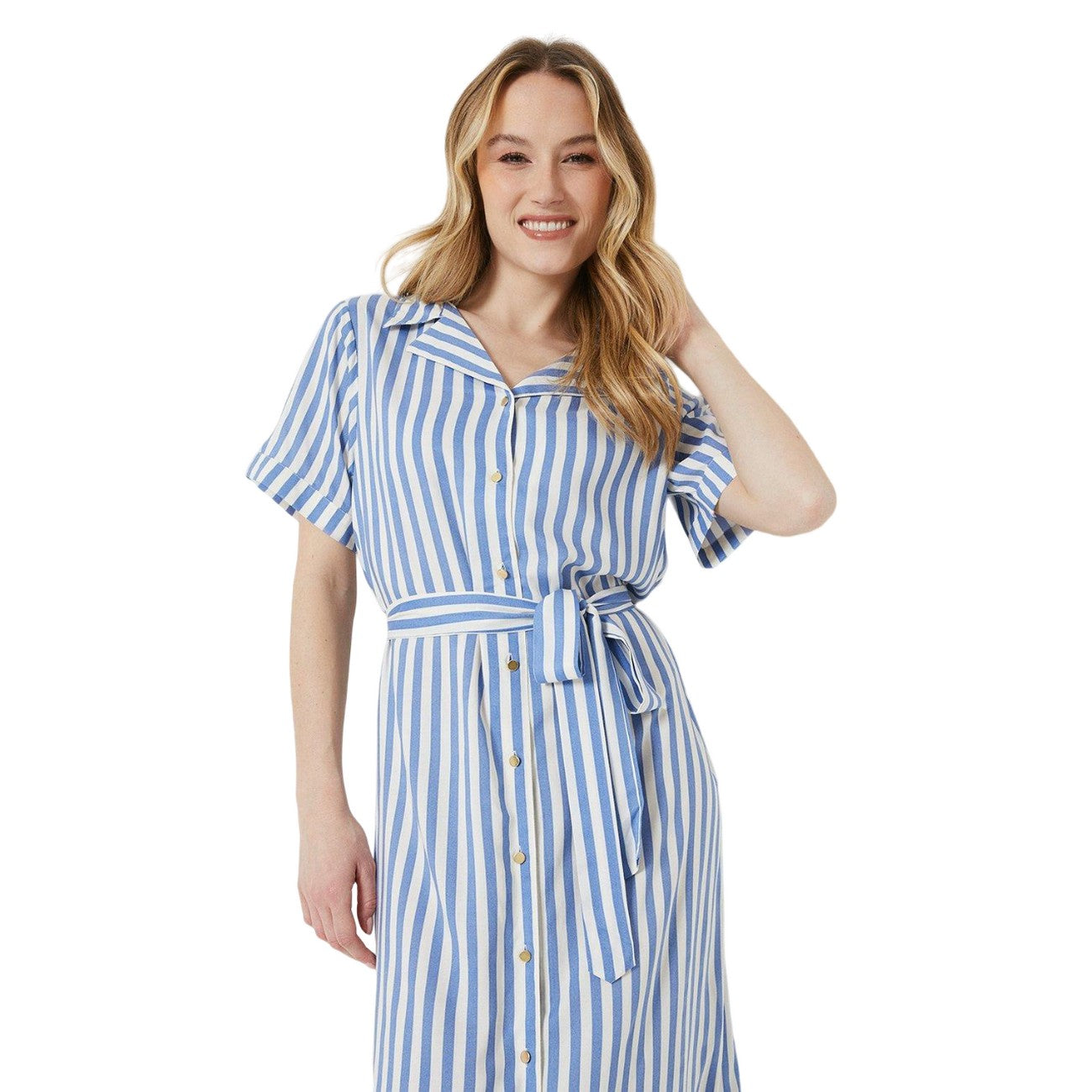 Blue-White - Side - Dorothy Perkins Womens-Ladies Stripe Midi Shirt Dress