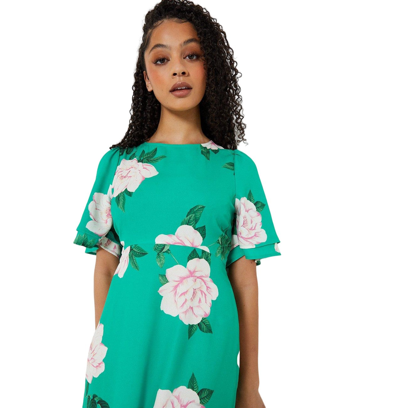 Green - Side - Dorothy Perkins Womens-Ladies Floral Tall Flutter Midi Dress