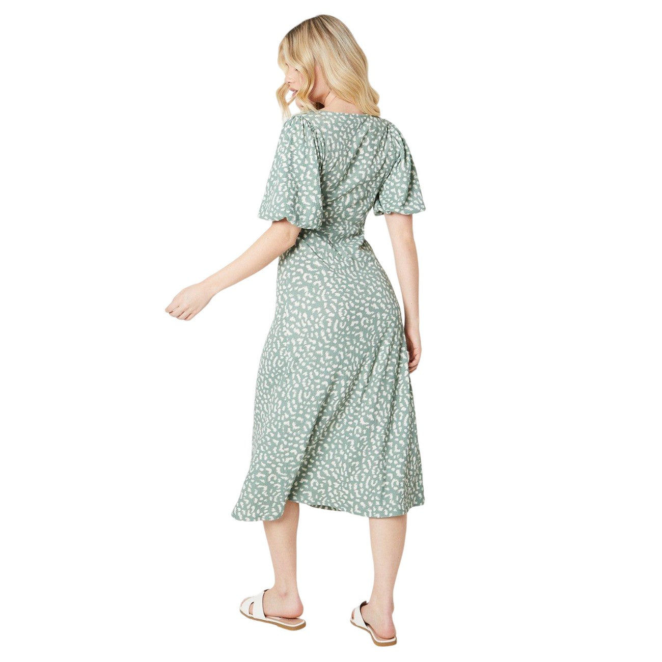 Sage - Back - Dorothy Perkins Womens-Ladies Animal Print Ruched Front Puff Sleeve Midi Dress