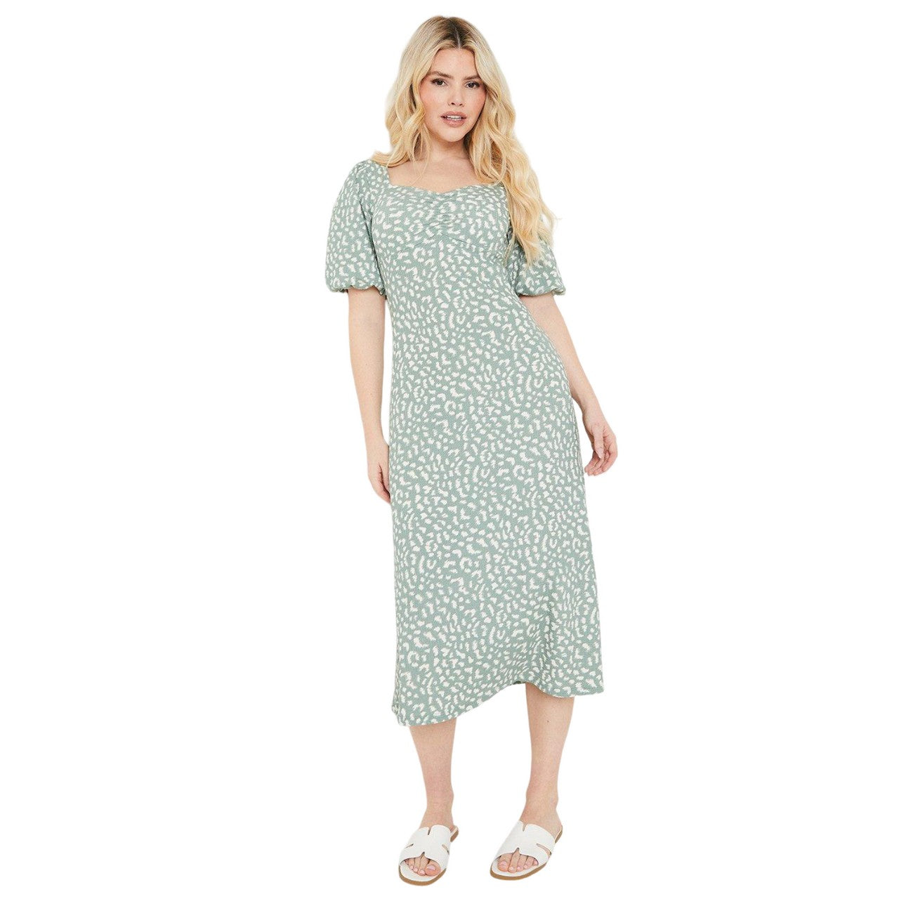 Sage - Front - Dorothy Perkins Womens-Ladies Animal Print Ruched Front Puff Sleeve Midi Dress