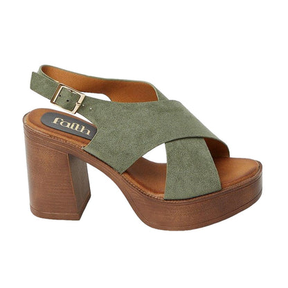 Green - Back - Faith Womens-Ladies Ettie Crossover Strap High Block Heel Sandals