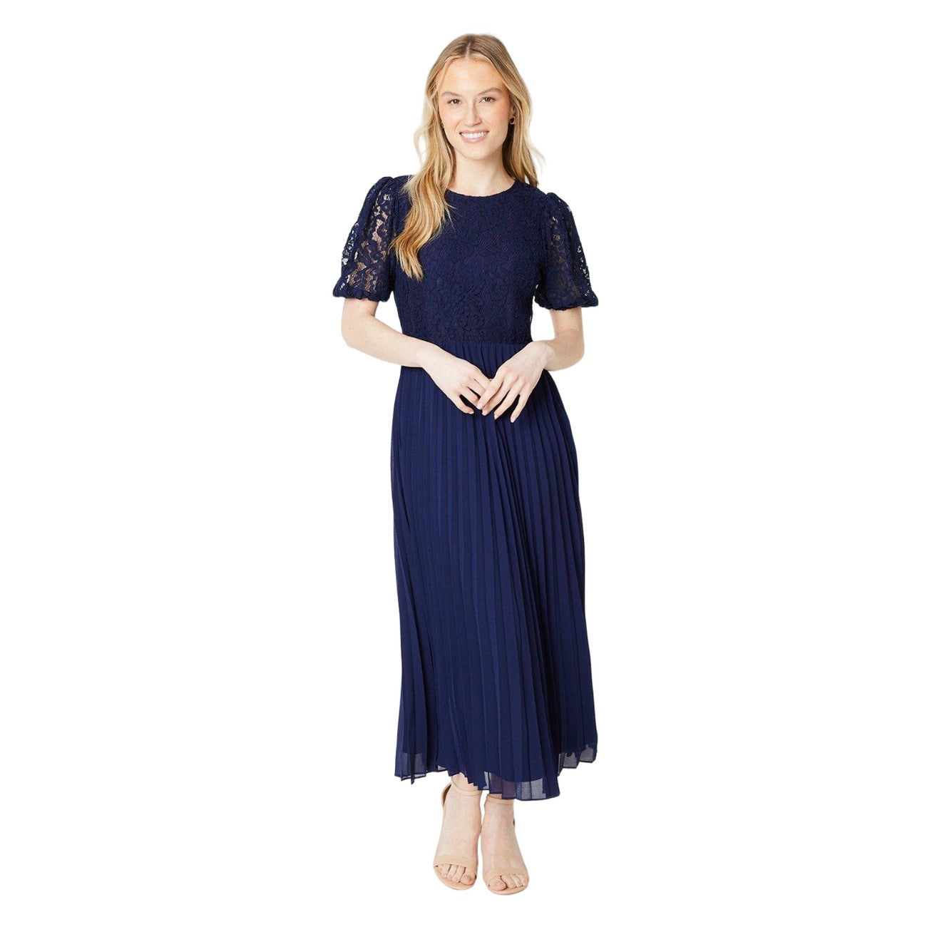 Navy - Front - Dorothy Perkins Womens-Ladies Lace Chiffon Pleated Midi Dress
