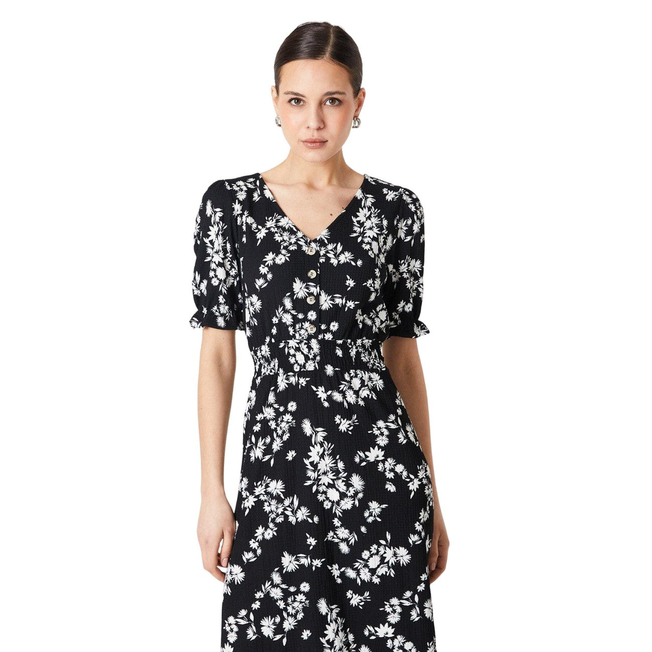 Black-White - Side - Dorothy Perkins Womens-Ladies Ditsy Print Shirred Waist Midi Dress