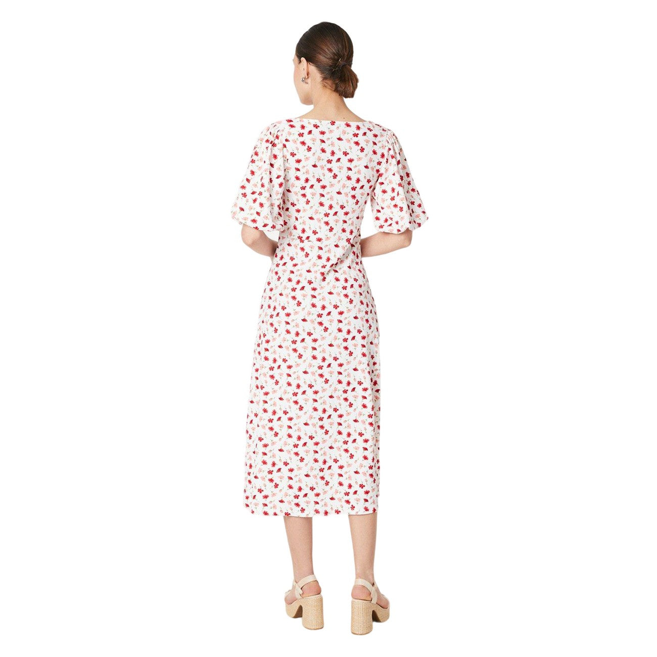 Ivory - Back - Dorothy Perkins Womens-Ladies Ditsy Print Ruched Front Puff Sleeve Midi Dress