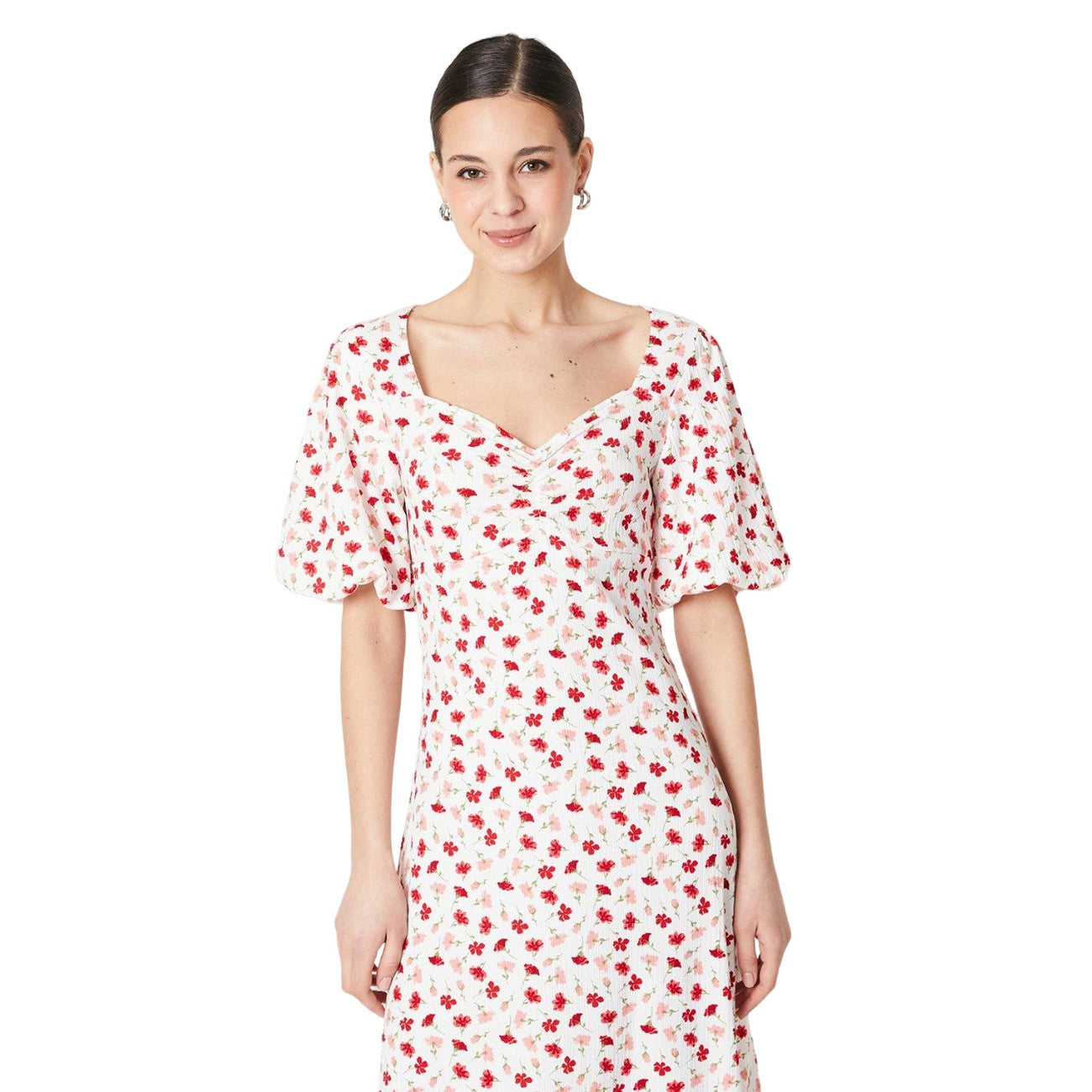 Ivory - Side - Dorothy Perkins Womens-Ladies Ditsy Print Ruched Front Puff Sleeve Midi Dress