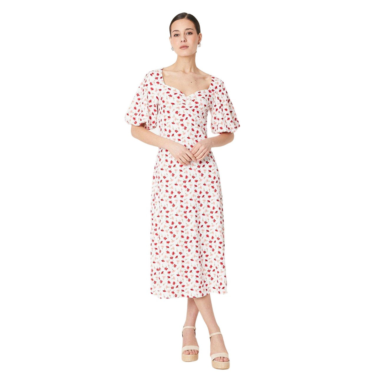 Ivory - Front - Dorothy Perkins Womens-Ladies Ditsy Print Ruched Front Puff Sleeve Midi Dress