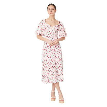 Ivory - Front - Dorothy Perkins Womens-Ladies Ditsy Print Ruched Front Puff Sleeve Midi Dress