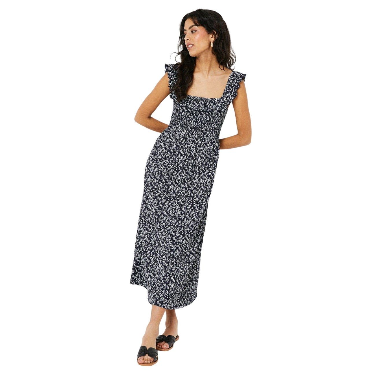 Navy - Lifestyle - Dorothy Perkins Womens-Ladies Ditsy Print Shirred Petite Midi Dress