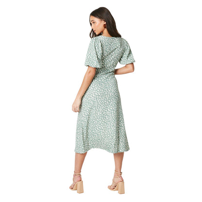 Green - Back - Dorothy Perkins Womens-Ladies Animal Print Ruched Front Petite Puff Sleeve Midi Dress