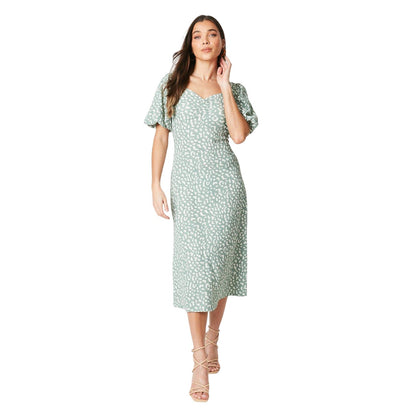 Green - Lifestyle - Dorothy Perkins Womens-Ladies Animal Print Ruched Front Petite Puff Sleeve Midi Dress