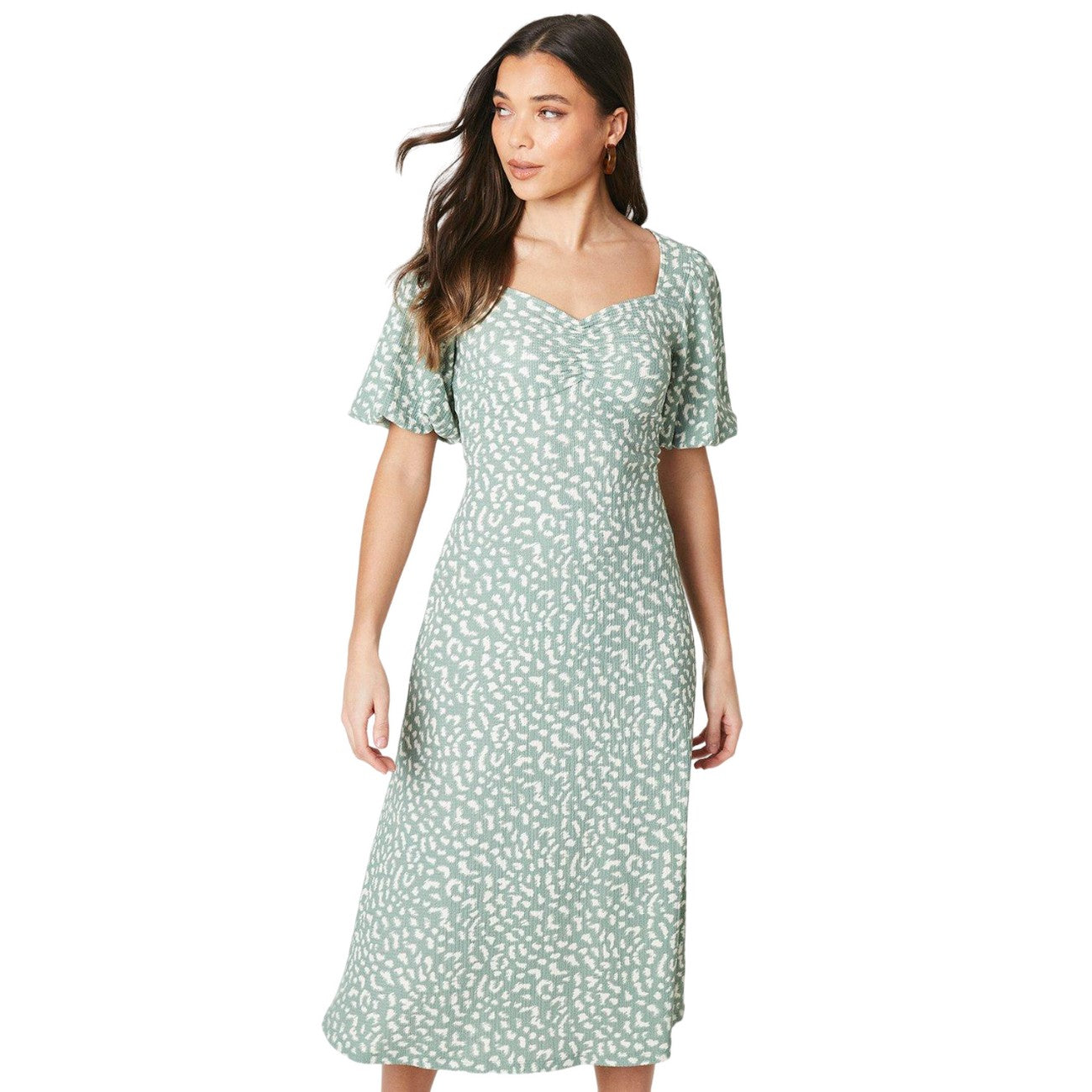 Green - Front - Dorothy Perkins Womens-Ladies Animal Print Ruched Front Petite Puff Sleeve Midi Dress