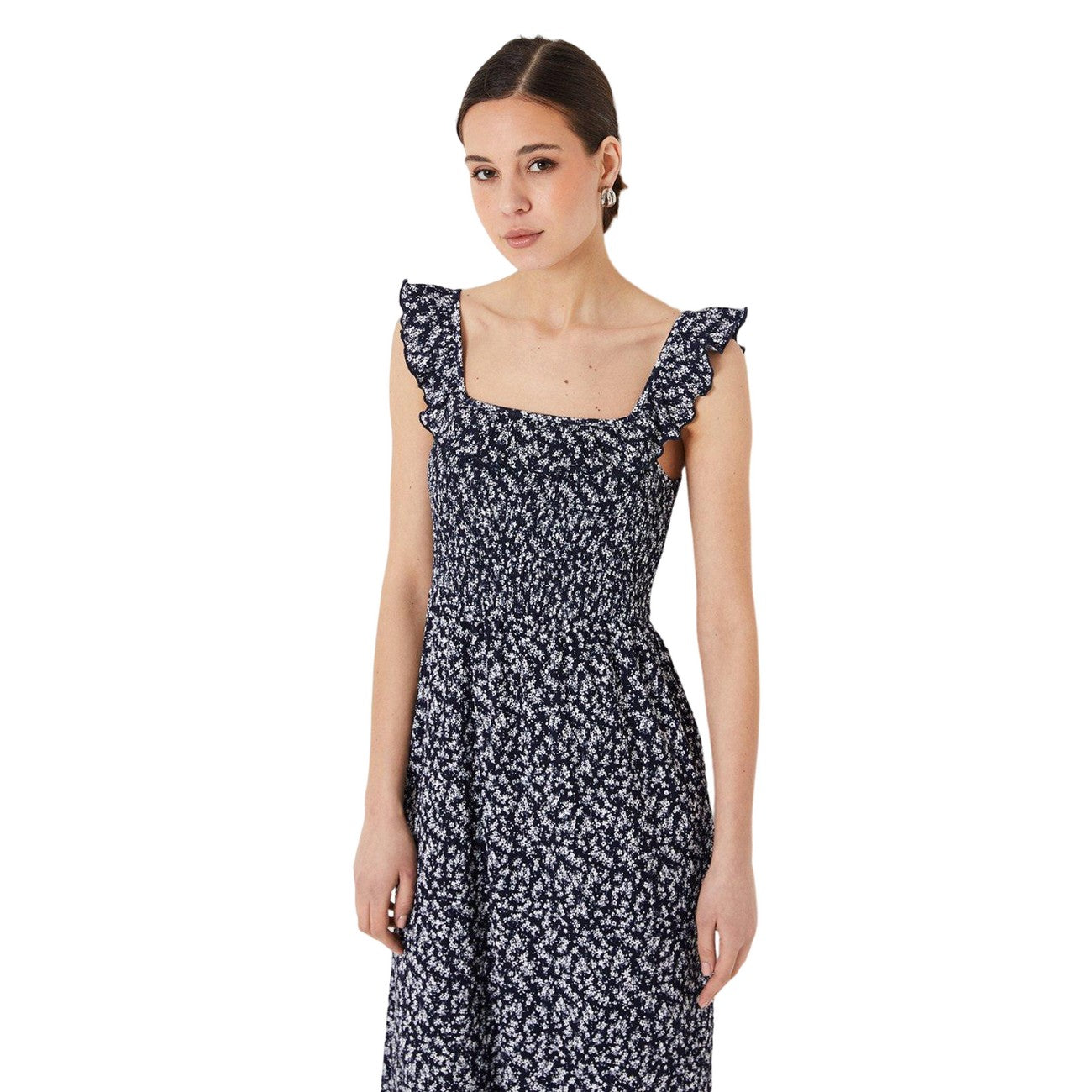 Navy - Side - Dorothy Perkins Womens-Ladies Ditsy Print Shirred Ruffle Midi Dress
