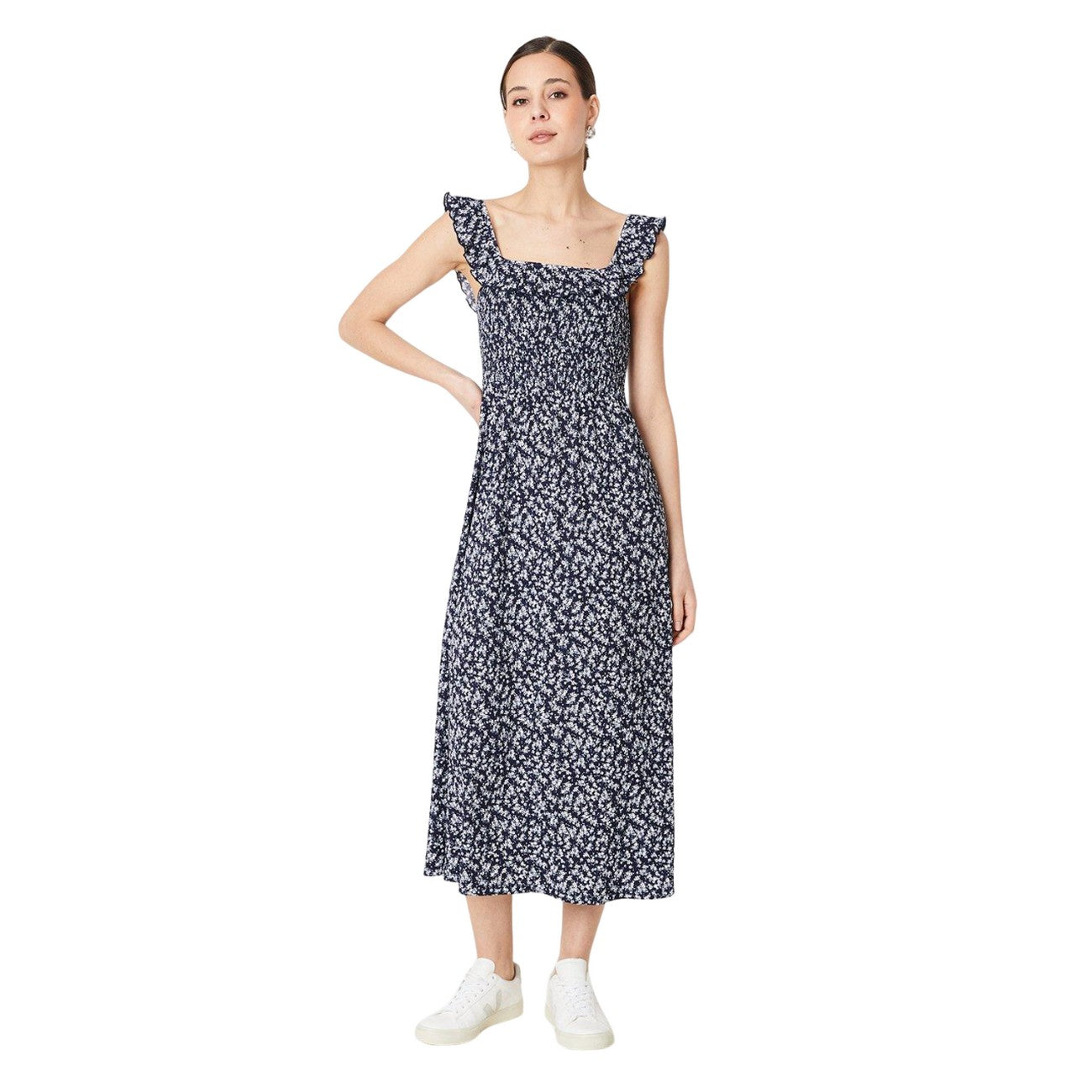 Navy - Front - Dorothy Perkins Womens-Ladies Ditsy Print Shirred Ruffle Midi Dress