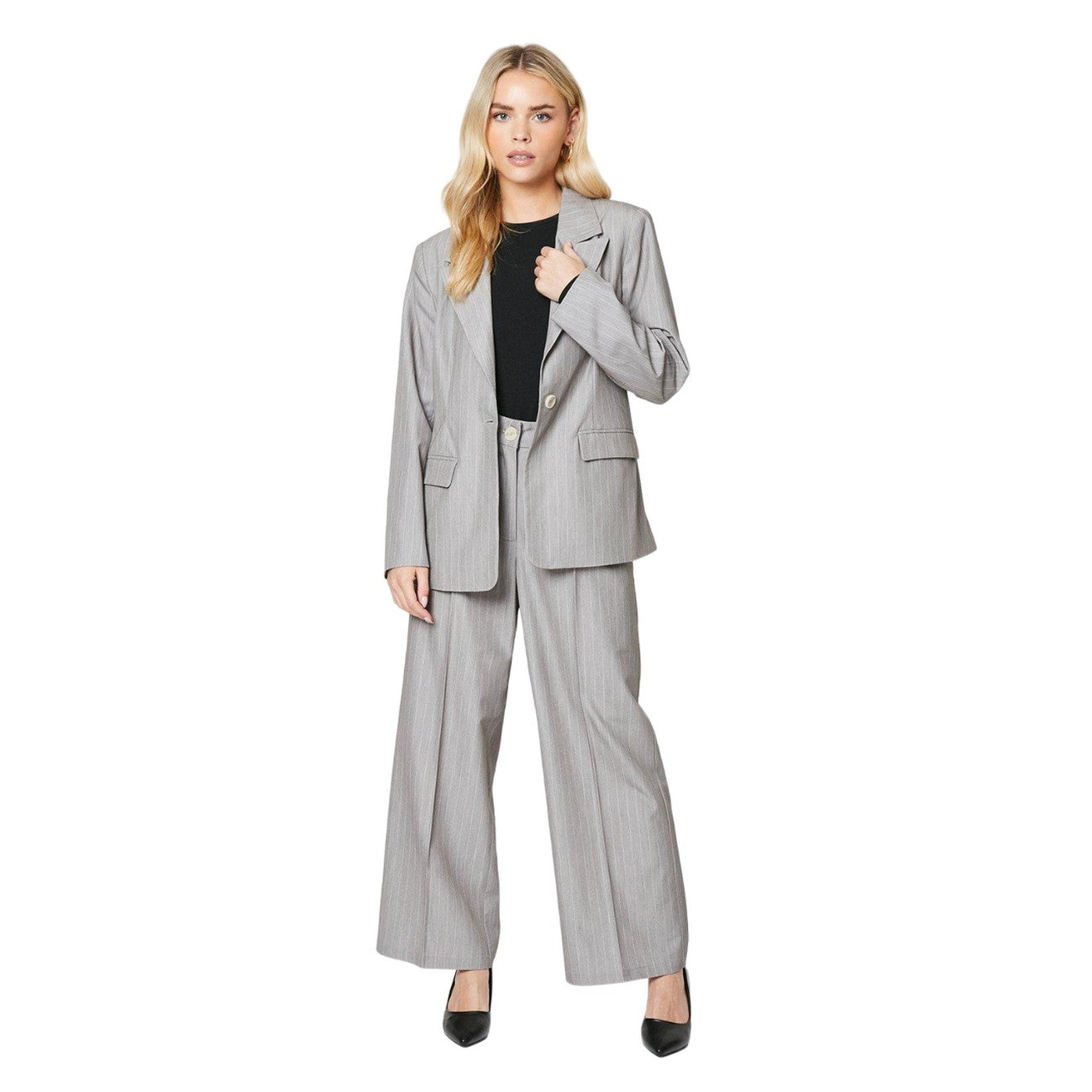 Grey - Side - Dorothy Perkins Womens-Ladies Stripe Petite Blazer