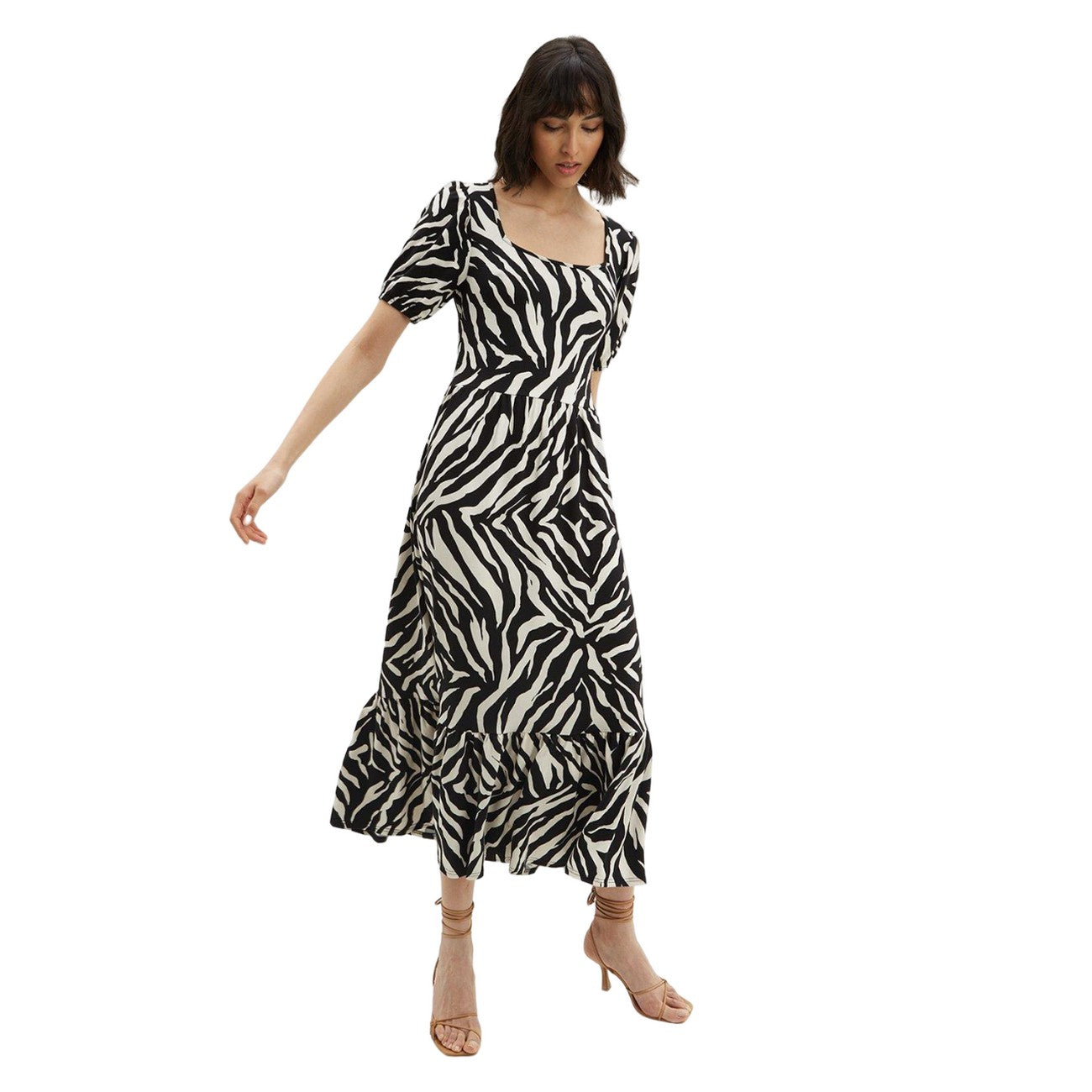 Black-White - Front - Dorothy Perkins Womens-Ladies Zebra Print Tie Back Petite Relaxed Midi Dress